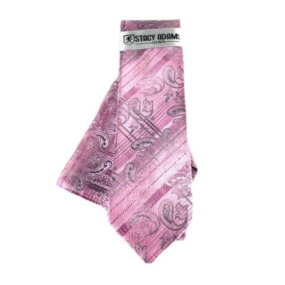 Stacy Adams Men's Tie & Hanky Pink Fuchsia Silver Charcoal Paisley 3.25” Wide - Picture 2 of 3